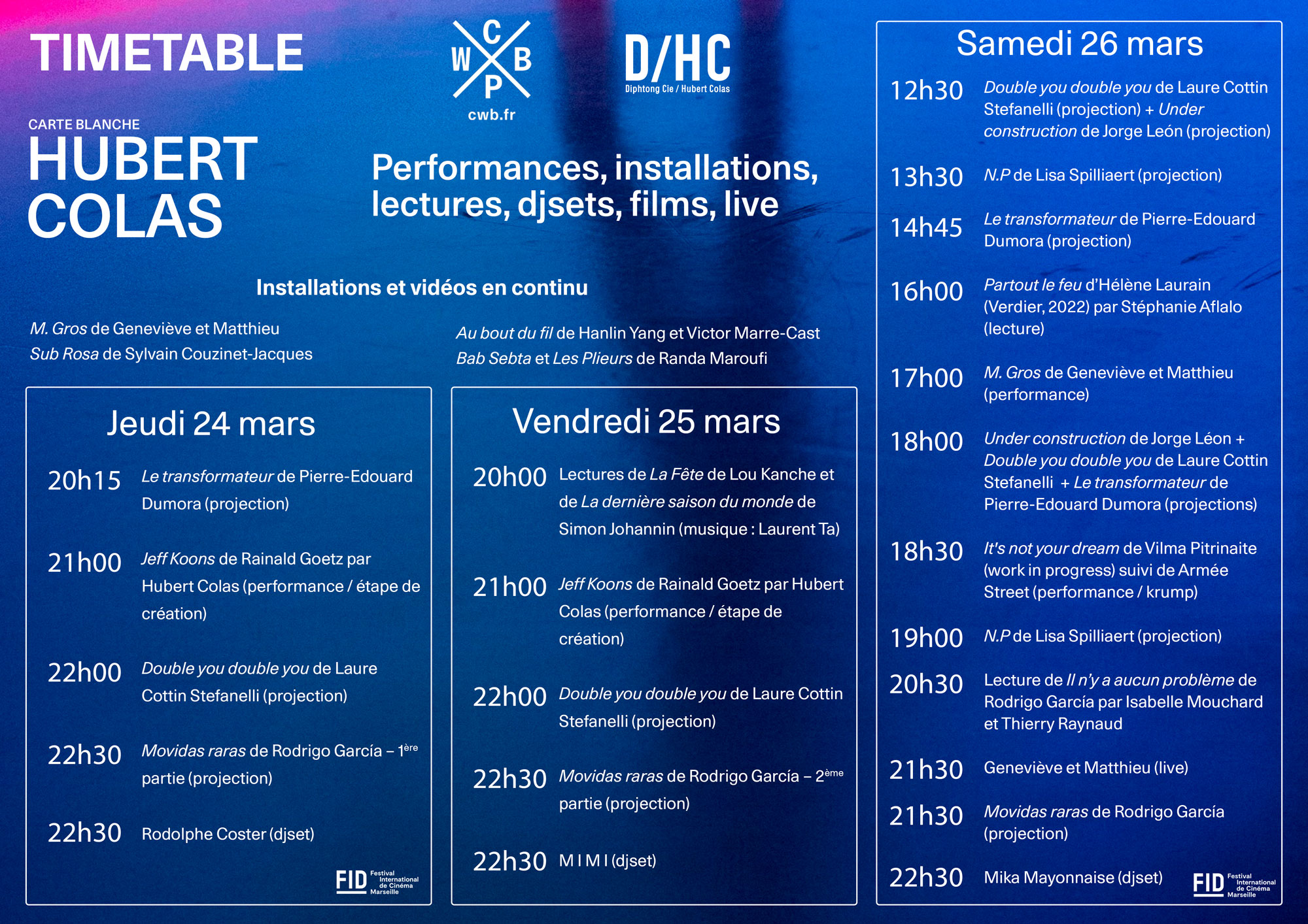 TIMETABLE Carte blanche HUBERT COLAS Programme Agenda