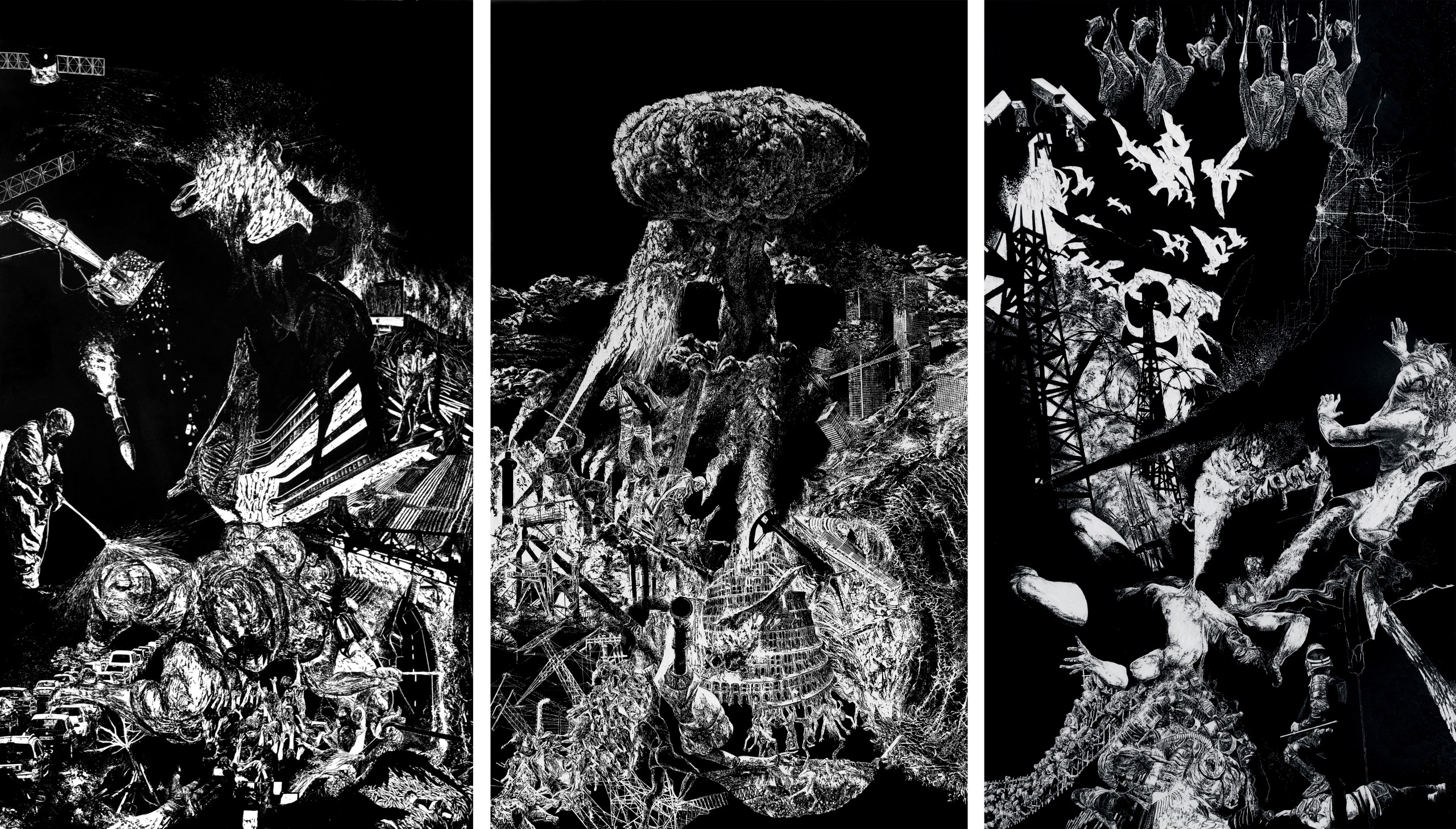 Camille Dufour, Lavandière de la nuit#1, 2, 3, xylographie, 210 x 366 cm