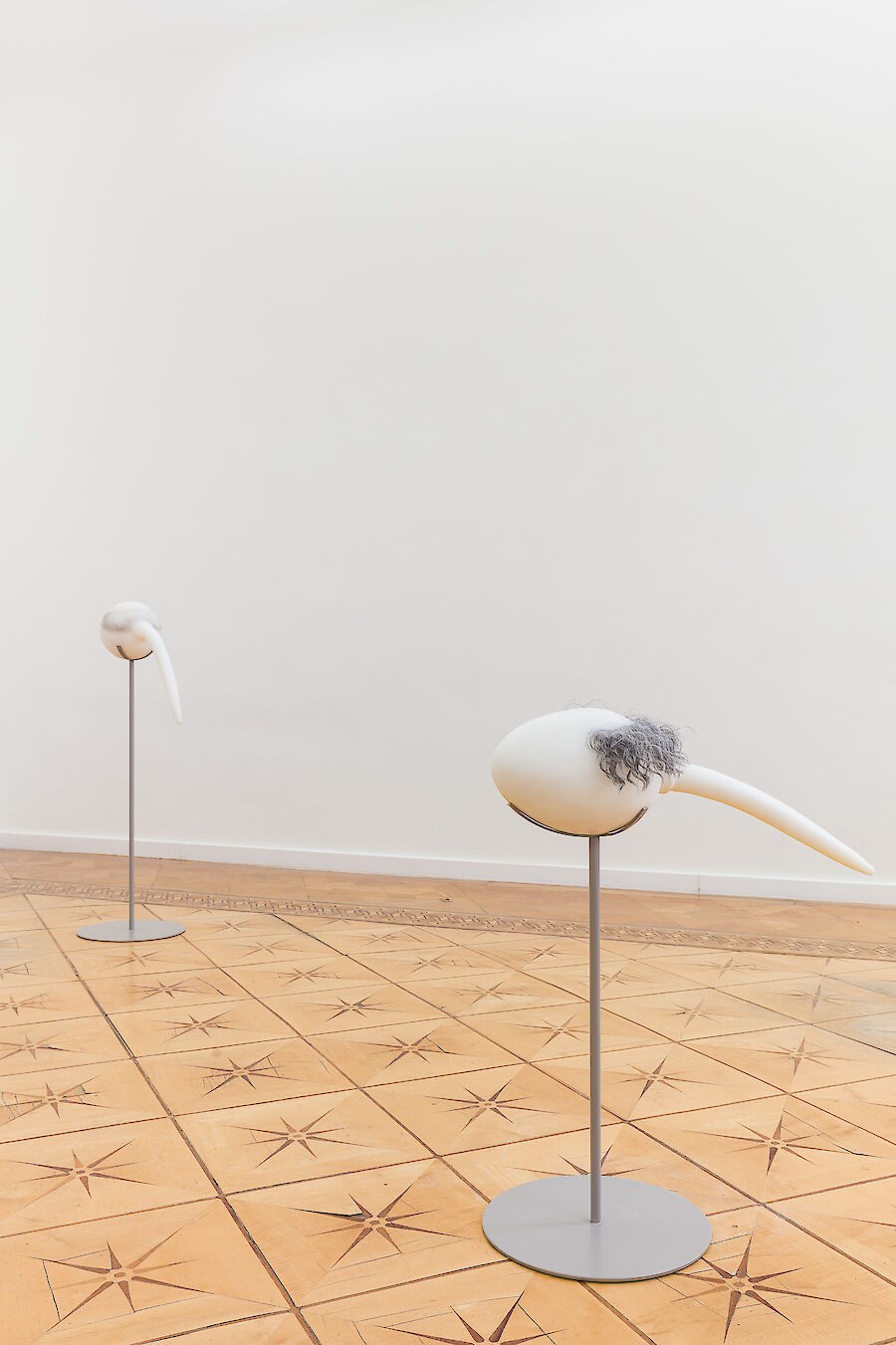Marlie Mul, I’m Not Like Other Guys, 2021, Silicone and synthetic hair, 112 x 35 x 54 cm and You Look So Tired, 2021, Silicone and synthetic hair, 82 x 35 x 65 cm