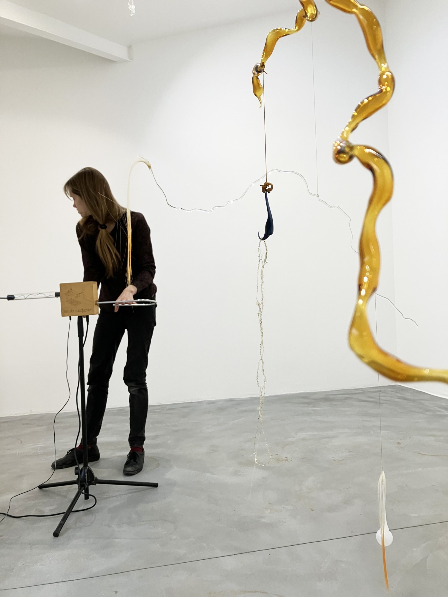 Julie Krakowski, Incantations, 2023, filage de verre, matériaux mixtes, field recording, 2, 80 x 5, 10 m © Julie Krako