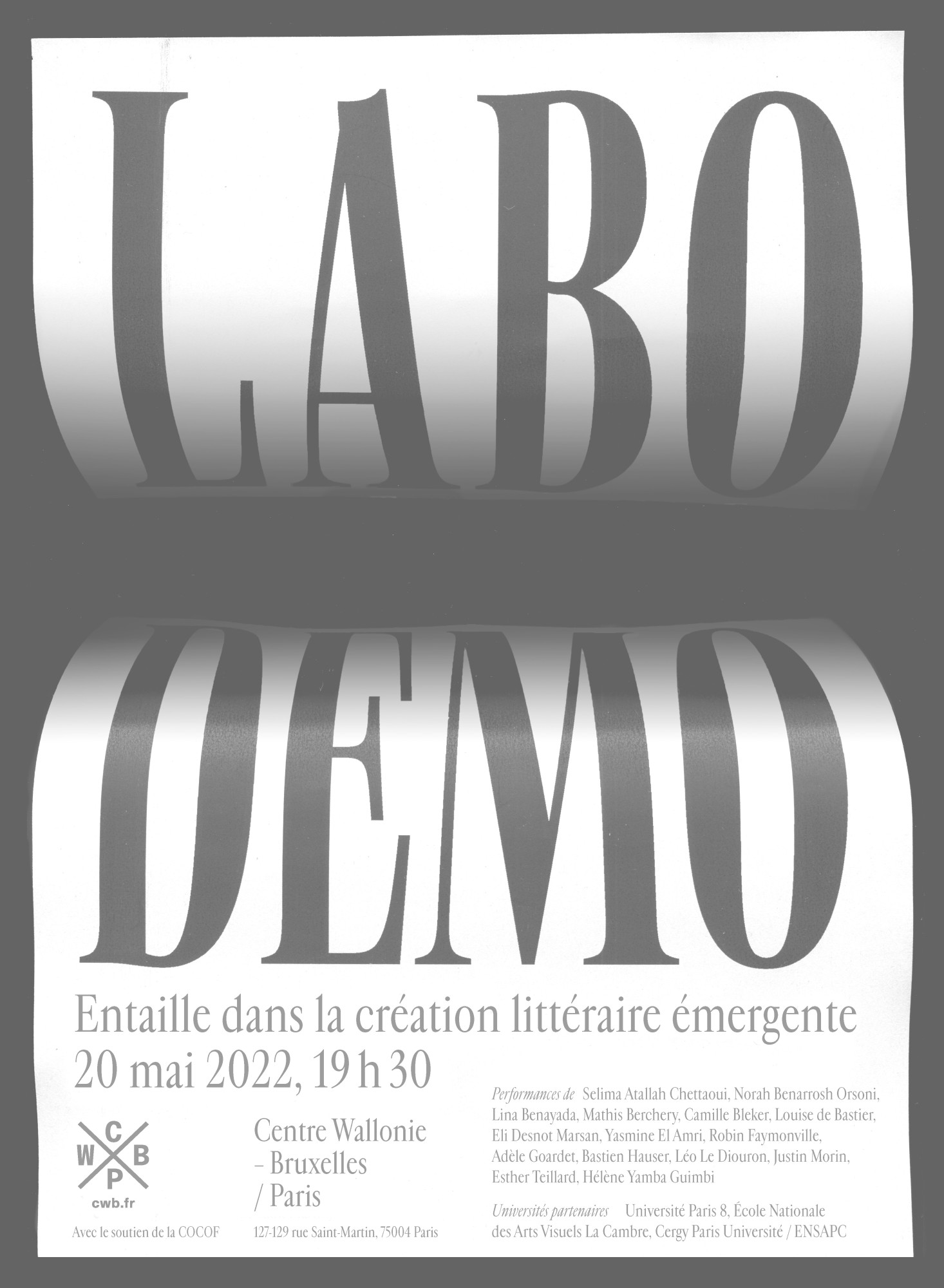 Affiche Labo Démo entaille dans la création littéraire contemporaine émergente au Centyre Wallonie Bruxelles Paris