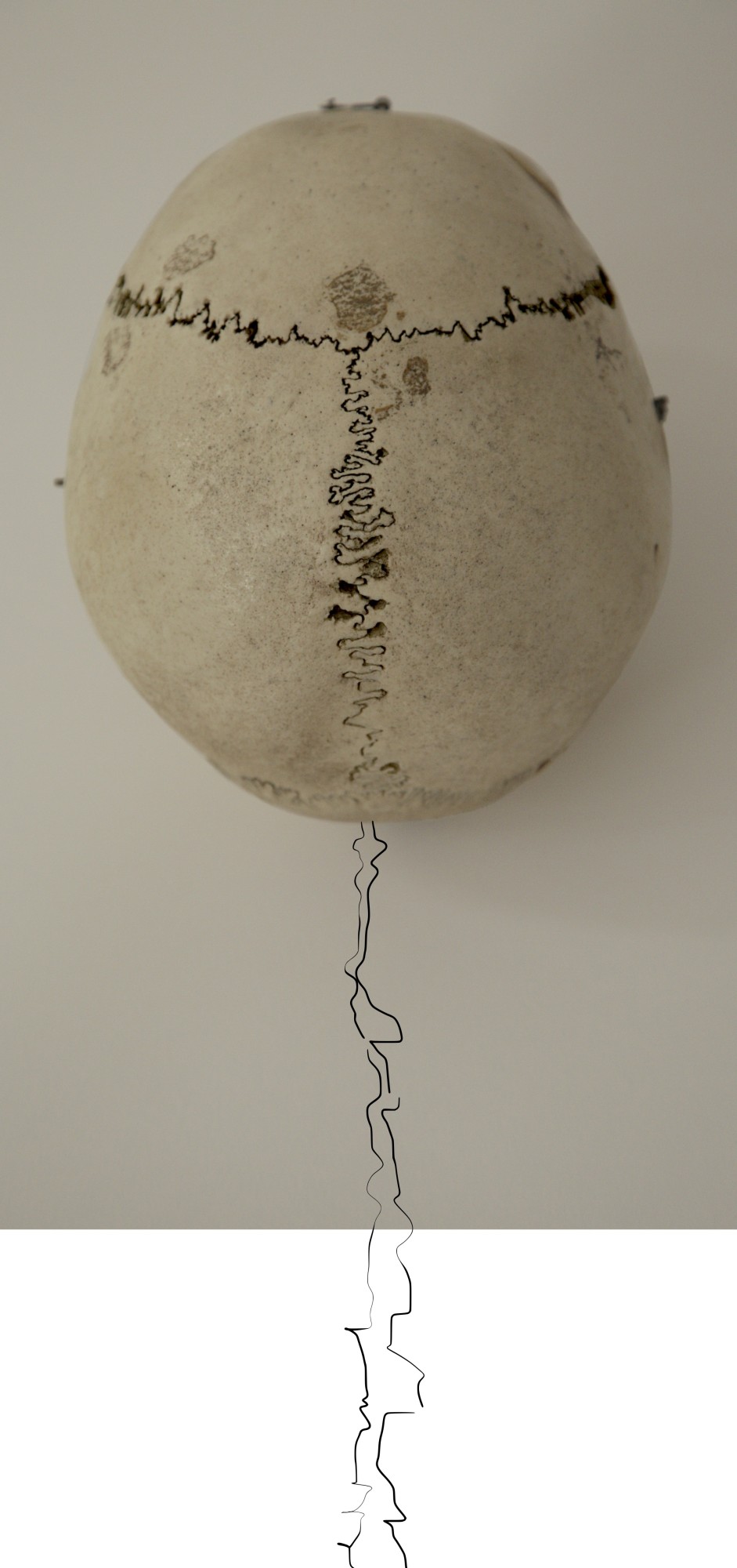 Sabrina Montiel-Soto, TRATA DE RECORDAR / Essaye de te souvenir, 2022, photographie crâne humain, couleur, papier 180 gr, 80 x 170 cm, fissure pierre naturelle, suspension, dimensions variables © Sabrina Montiel-Soto
