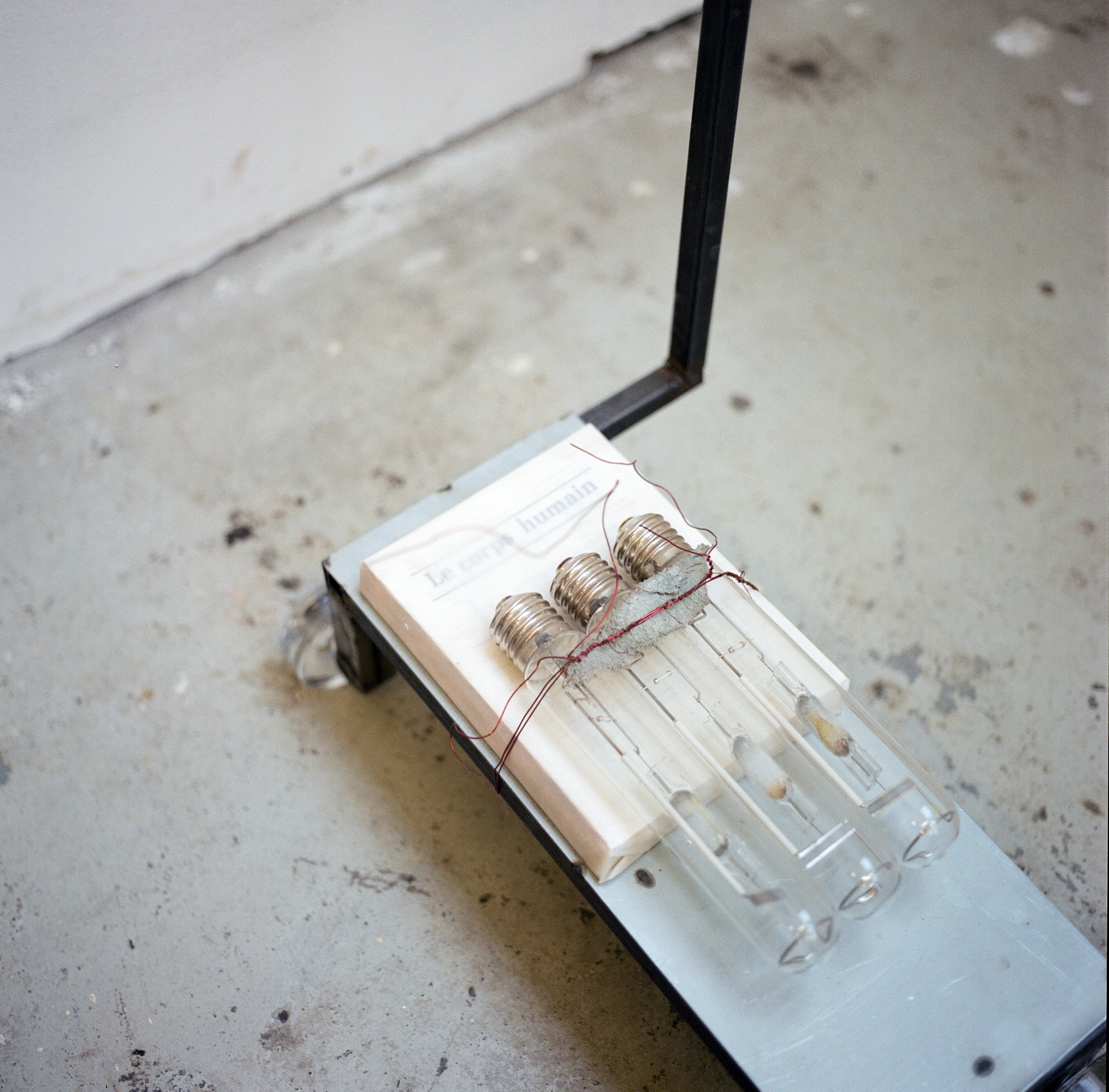 mountaincutters, Objet Incomplet (Les indices de la respiration primitive), 2021, acier, verre, cuivre, ampoules, cuir, ouvrage scientifique, bâche en plastique recyclé © mountaincutters