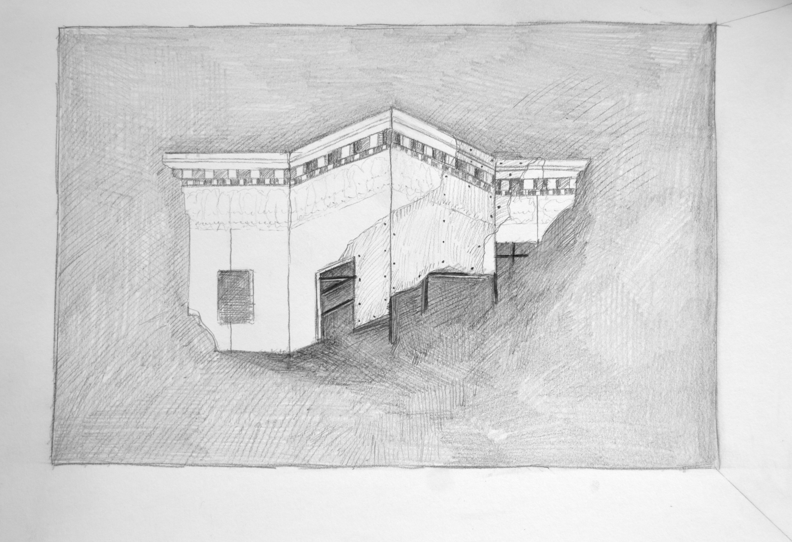 Jean-Baptiste Brueder, Croquis de son projet d’installation Façadisme, 2024, Gravure sur gyproc, plâtre, bois et graphite © Jean-Baptiste Brueder